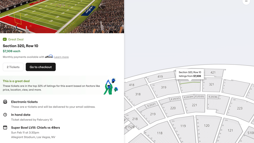 Screenshot of SeatGeek tickets for Super Bowl LVIII